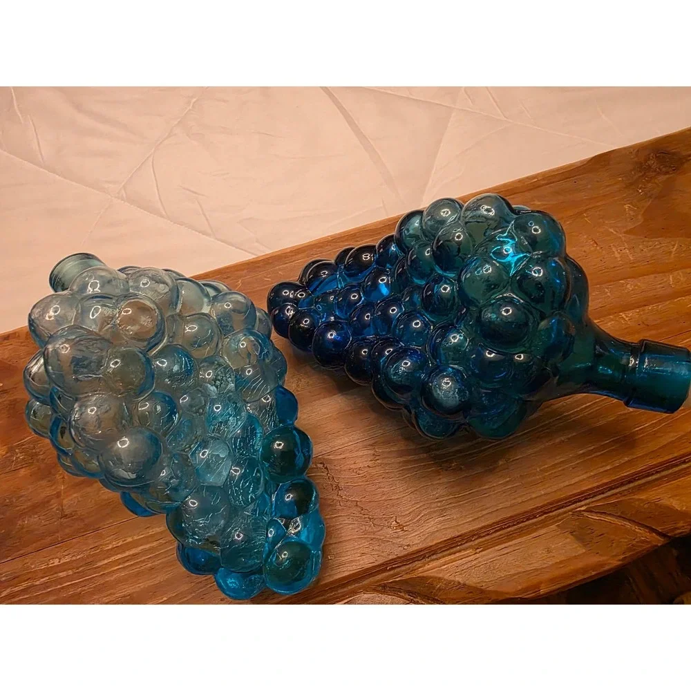 Vintage Blue Glass Grape Cluster Bottles Set of 2 Decanters Aqua Cobalt Stopper - Picture 4 of 9